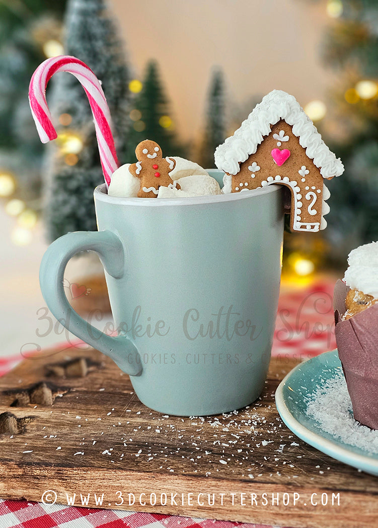 Gingerbread house & man selling mugs