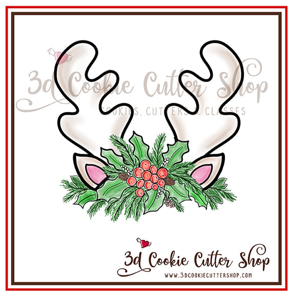 Reindeer Antlers with Christmas Greenery Cookie Cutter | Fondant Cutter | Clay Cutter